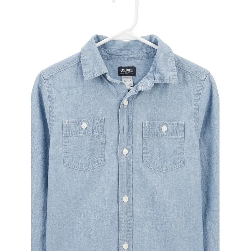 OshKosh B'Gosh Boys Light Wash Chambray Denim Button Down Shirt Size 12 Western